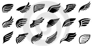 Wings Black Silhouettes Icons Set Isolated On White Background. Birds Or Angel Emblem Design Elements Tattoo Or Insignia