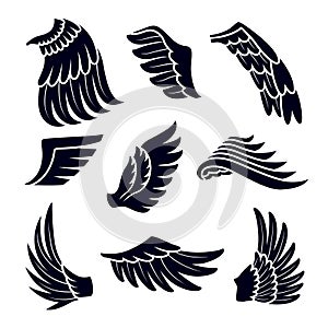 Wings Black Silhouettes Icons Set Isolated on White Background. Birds or Angel Emblem Design Elements