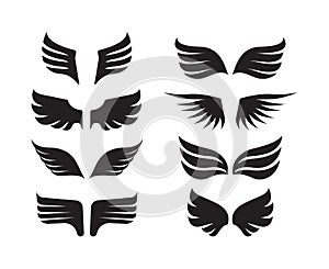 Wings collection. aircraft military symbols birds stylized wings vector minimalistic design fly silhouettes of feathers