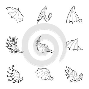 Wings with feathers icons set, outline style