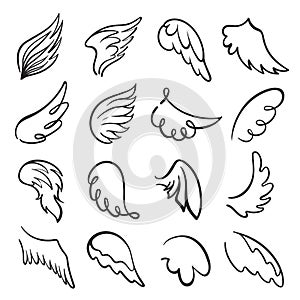 Wings, flight items vector linear icons set