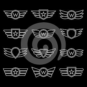 Wings line icon set. Winged logo and emblem collection. Company, army or aviation wing badges. Vector illustration.