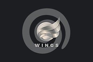 Wings Logo in Circle design vector template 3D Metallic Style. Metal Wing Steel Mascot Emblem