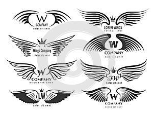 Wings logotype set. Bird wing or winged logo design on white background
