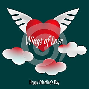 Wings of Love. Set of Valentine`s Day icons. Big red heart with two wings in clouds in heaven.