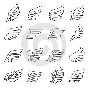 Wings outline gray icons vector set. Minimalistic design.