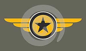 Wings with star icon. Winged logo template. Air force badge, army, military and aviation emblem. Vector illustration.