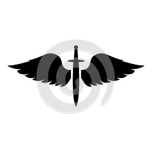 Wings and sword symbol cadets Winged blade weapon medieval age Warrior insignia Blazon bravery concept icon black color vector photo