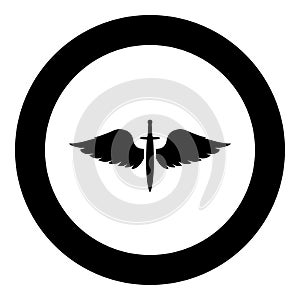 Wings and sword symbol cadets Winged blade weapon medieval age Warrior insignia Blazon bravery concept icon in circle round black photo
