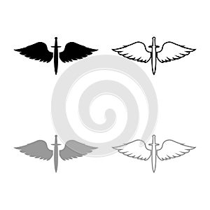 Wings and sword symbol cadets Winged blade weapon medieval age Warrior insignia Blazon bravery concept icon outline set black photo