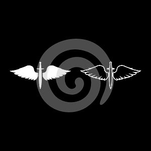 Wings and sword symbol cadets Winged blade weapon medieval age Warrior insignia Blazon bravery concept icon outline set white photo