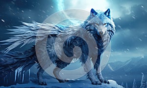 Wings unfurled, the blue feathered wolf graced the sky with elegance