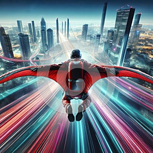 wingsuit skydiving and flying into a large city concept