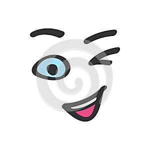 Wink of cute face in doodle style, happy smile and joke of character photo