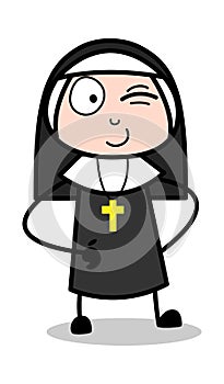 Winking Eye - Cartoon Nun Lady Vector Illustration