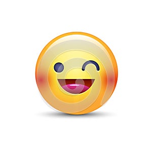Winking fun cartoon emoji face. Wink and smile happy vector emoticon.