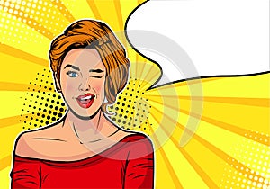 Winking girl. Cartoon comic vector illustration in pop art retro style.