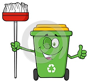 Winking Green Recycle Bin Cartoon Mascot Character Holding A Broom And Giving A Thumb Up