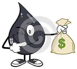 Winking Petroleum Or Oil Drop Cartoon Character Holding A Money Savings Bag