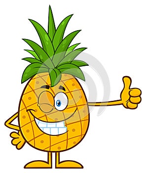 Winking Pineapple Fruit With Green Leafs Cartoon Mascot Character Giving A Thumb Up