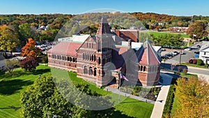 Winn Memorial Library aerial view at fall, Woburn, Massachusetts, USA