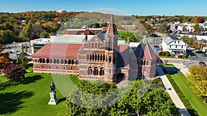 Winn Memorial Library aerial view at fall, Woburn, Massachusetts, USA