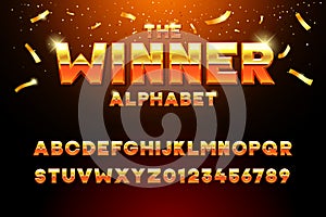 The Winner Alphabet. Vector golden glossy three dimensional font effect in orange and yellow. Metal typeface withy golden bars and