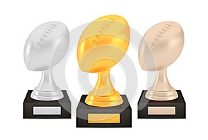 Winner american football awards set, gold silver bronze trophy cups on stands with empty plates