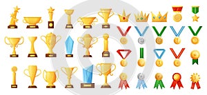 Winner award. Champion trophy. Gold crown. First place medal on ribbon. Tournament reward. Golden goblet. Winning badge