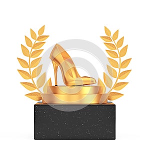 Winner Award Cube Gold Laurel Wreath Podium, Stage or Pedestal with Gold High Heels Wooman Shooes. 3d Rendering photo