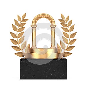 Winner Award Cube Gold Laurel Wreath Podium, Stage or Pedestal with Golden Classic Ancient Greek Column Arc. 3d Rendering