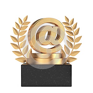 Winner Award Cube Gold Laurel Wreath Podium, Stage or Pedestal with Golden Email Symbol or At Sign. 3d Rendering