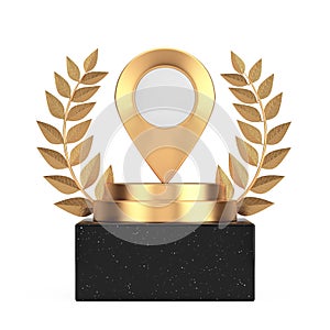 Winner Award Cube Gold Laurel Wreath Podium, Stage or Pedestal with Golden Map Pointer Pin. 3d Rendering