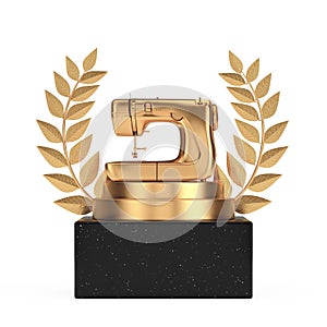 Winner Award Cube Gold Laurel Wreath Podium, Stage or Pedestal with Golden Modern Sewing Machine. 3d Rendering