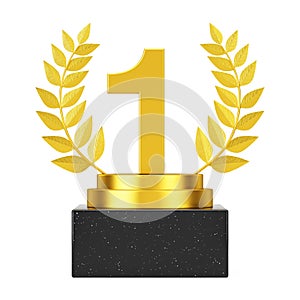 Winner Award Cube Gold Laurel Wreath Podium, Stage or Pedestal with Golden Number One or First Place. 3d Rendering