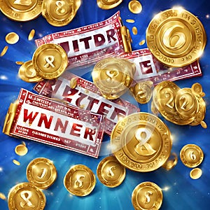 Winner background with lottery tickets, balls and gold coins. Realistic keno gambling game win poster