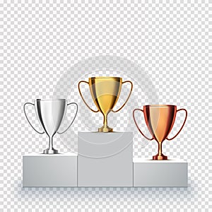 Winner background. Trophy Cups on prize podium. Vector illustration