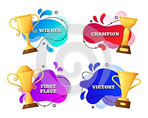 Winner banner. Golden championship cup and text. prize on abstract design background, colorful blobs emblems. Bubble