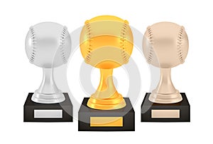 Winner baseball awards set, gold silver bronze trophy cups on stands with empty plates