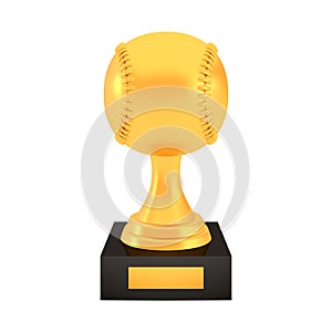 Winner baseball cup award on stand with empty plate, golden trophy logo isolated on white background