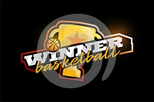 Winner basketball vector logo. Modern professional Typography sport basketball ball and cup in retro style vector emblem and