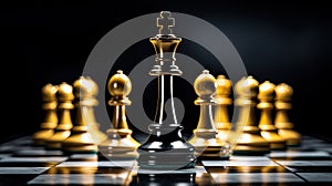 Winner. black king surrounded with gold chess pieces on chess board game competition with copy space on dark background