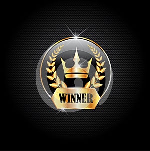 Winner black label with golden crown, laurel wreath. Luxury design for greeting card,  poster, brochure, label