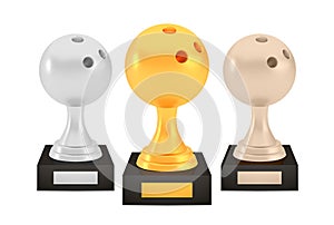 Winner bowling awards set, gold silver bronze trophy cups on stands with empty plates