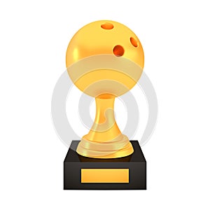 Winner bowling cup award on stand with empty plate, golden trophy logo isolated on white background