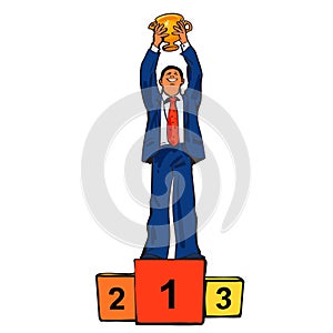 Winner businessman with winning cup standing on podium. Vector