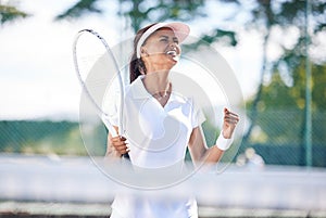 Winner, celebrate and female tennis player playing a match, training or practicing on an outdoor court. Sports, fitness