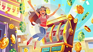 Winner celebrating jackpot on one-armed bandit, jumping at cash falling with all sevens spin combination, happy winner