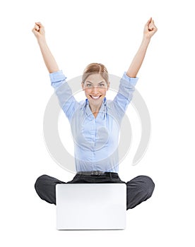 Winner, celebration and business woman with laptop in studio isolated on white background. Success, computer or portrait