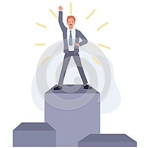 Winner, champion and success concept.Businessman standing on top of podium. Vector illustration